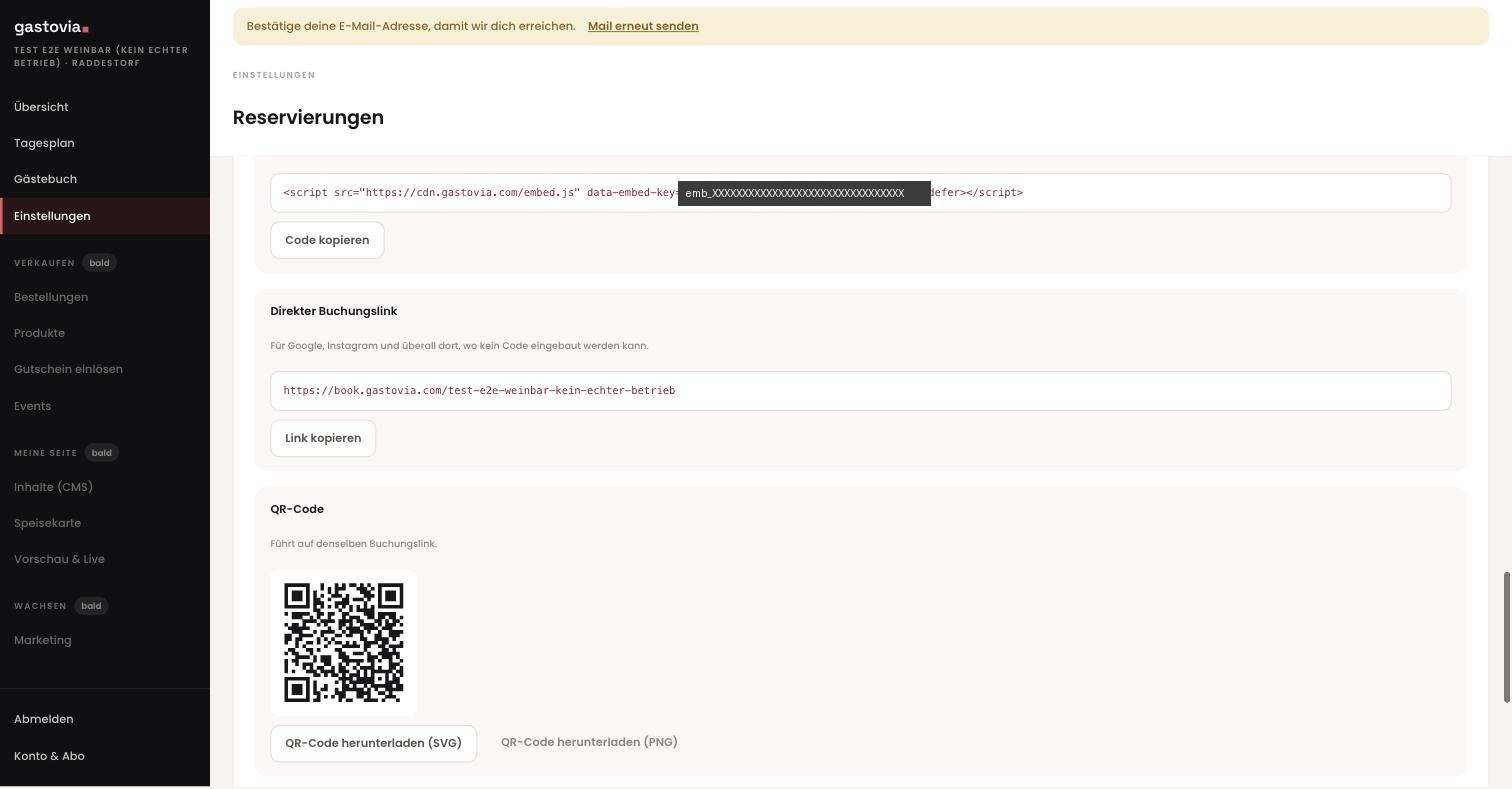 Der Integrationsbereich: Code-Schnipsel, direkter Buchungslink und QR-Code