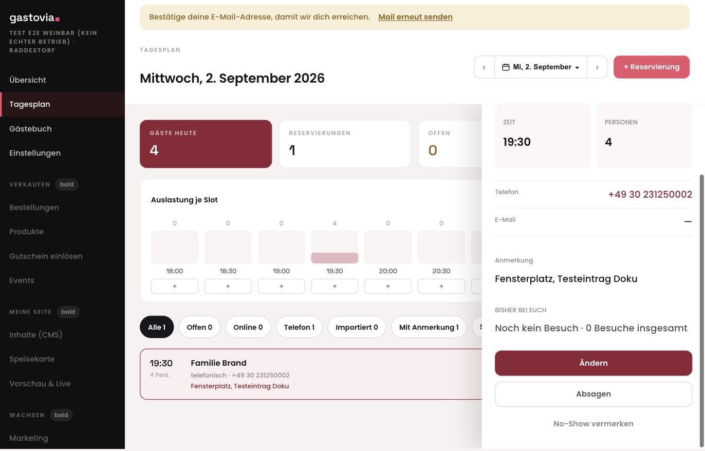 Detailansicht mit Ändern, Absagen und No-Show vermerken
