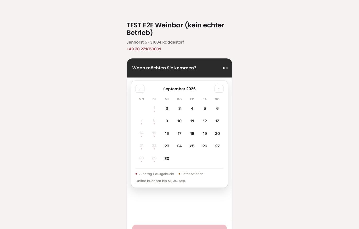 Im Kalender sind Ruhetage gesperrt — hier alle Montage und Dienstage