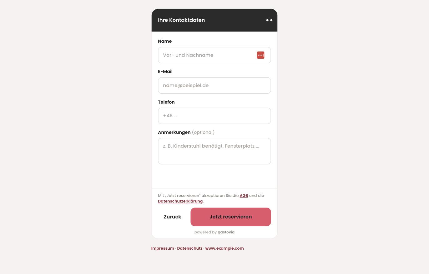 Name, E-Mail und Telefon sind Pflicht, die Anmerkung ist freiwillig