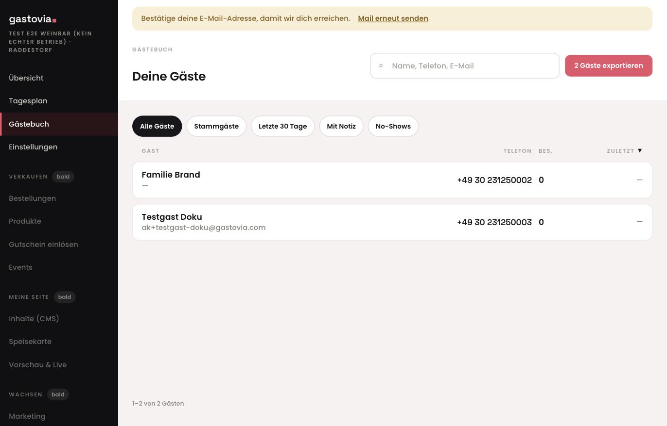 Die Gästeliste mit Suche, Filtern und Export