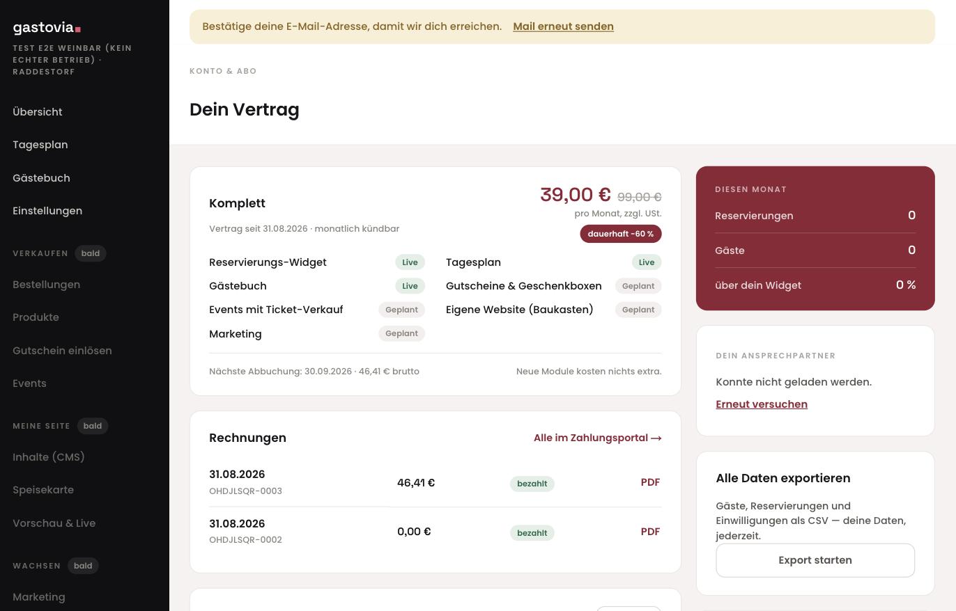 Vertrag, enthaltene Module, nächste Abbuchung und die Rechnungsliste