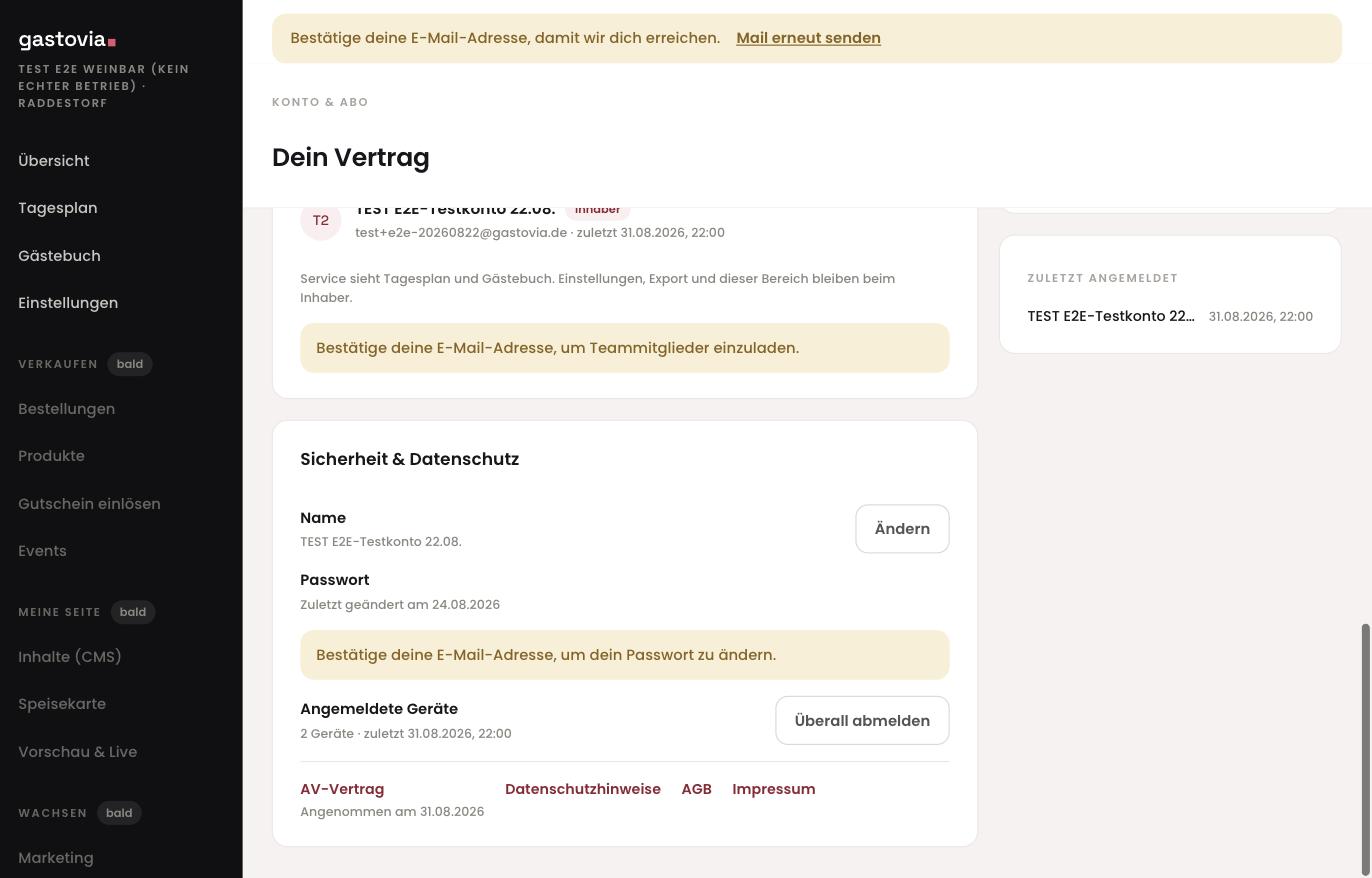 Passwort, angemeldete Geräte, Rechtsdokumente und der Gesamtexport